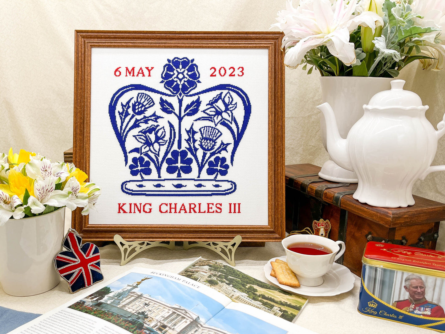 Charles III Coronation Emblem Cross Stitch Pattern | PDF Instant Download | Gift for Fans of History, Royal Family & Floral Designs