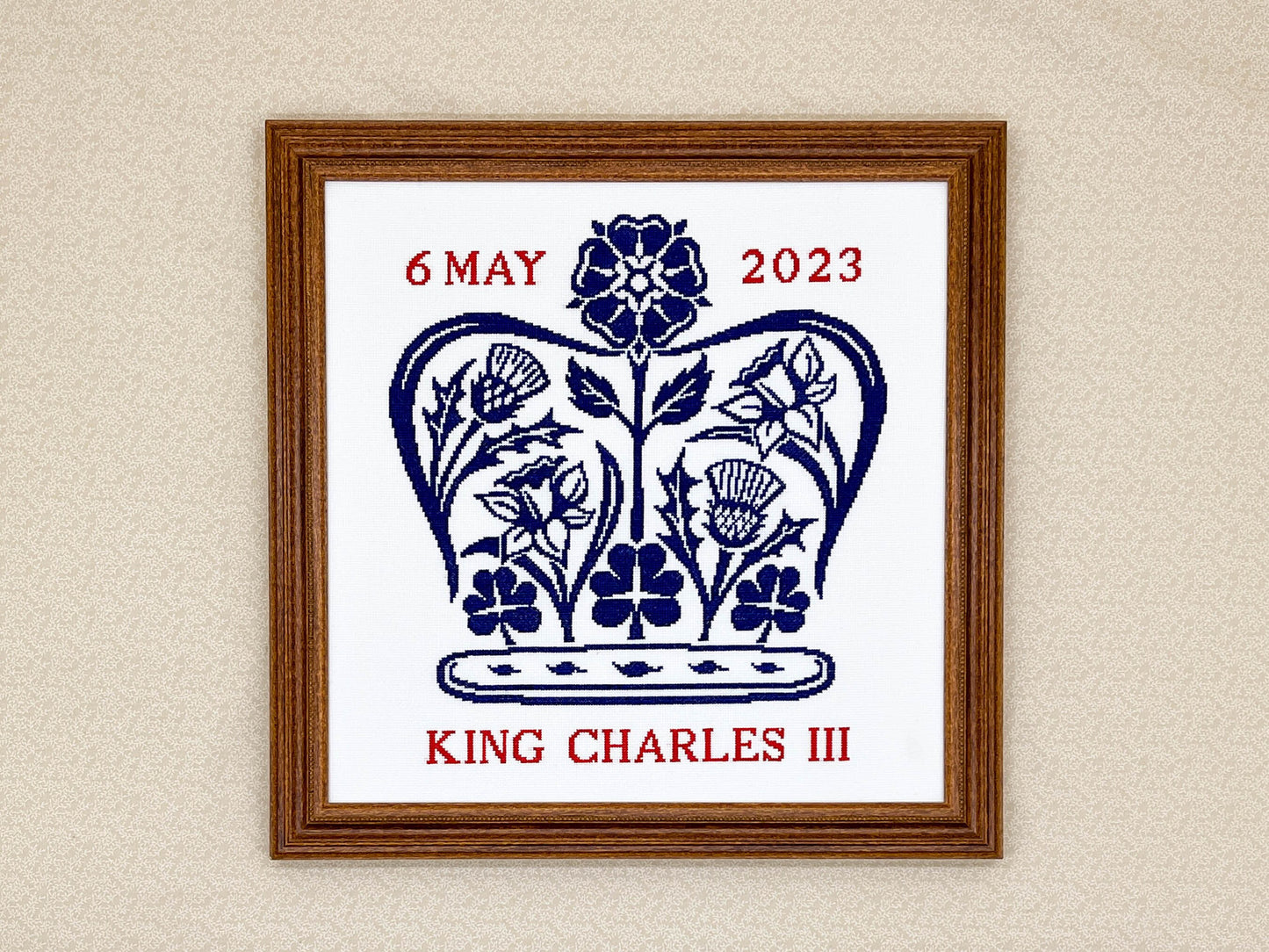 Charles III Coronation Emblem Cross Stitch Pattern | PDF Instant Download | Gift for Fans of History, Royal Family & Floral Designs