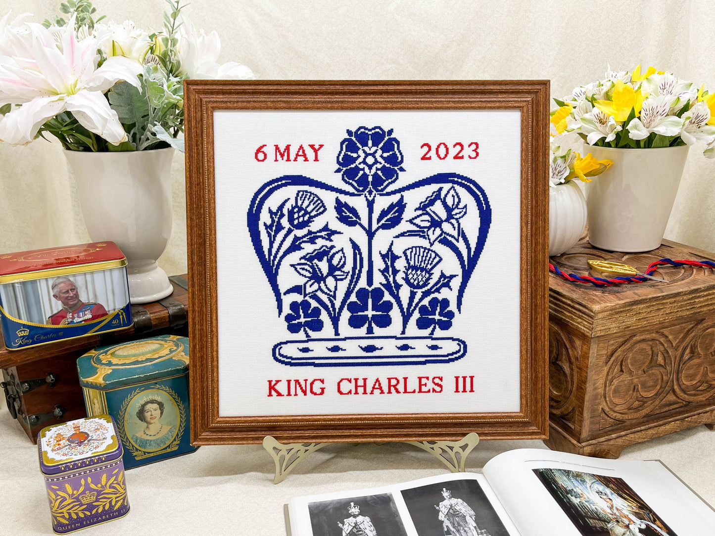 Charles III Coronation Emblem Cross Stitch Pattern | PDF Instant Download | Gift for Fans of History, Royal Family & Floral Designs