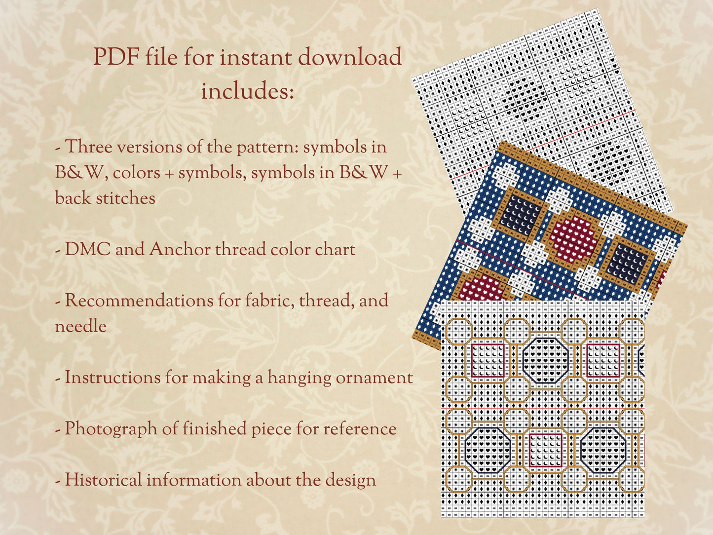 Tudor Heart Pendant Cross Stitch Pattern | PDF Instant Download | Gift for Lovers of Renaissance History, Tudor Monarchs, & Archeology
