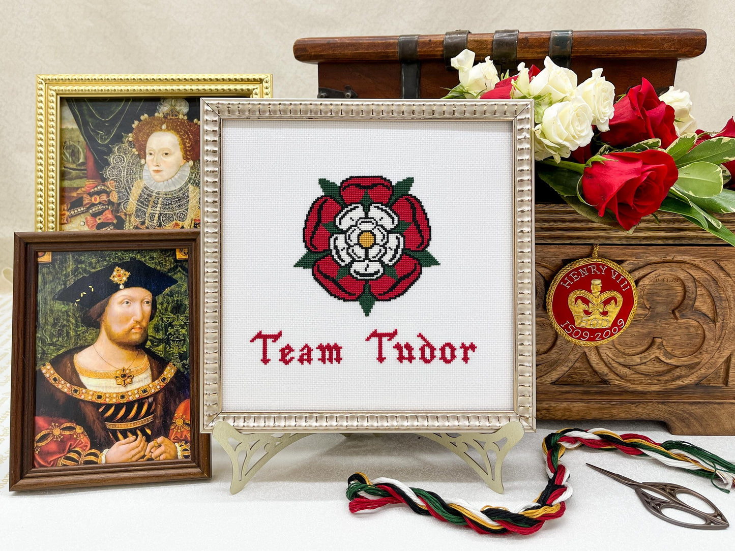 Team Tudor Cross Stitch Pattern (small) | PDF Instant Download | For Lovers of History & Royal Family | Henry VIII, Elizabeth I, Tudor Rose